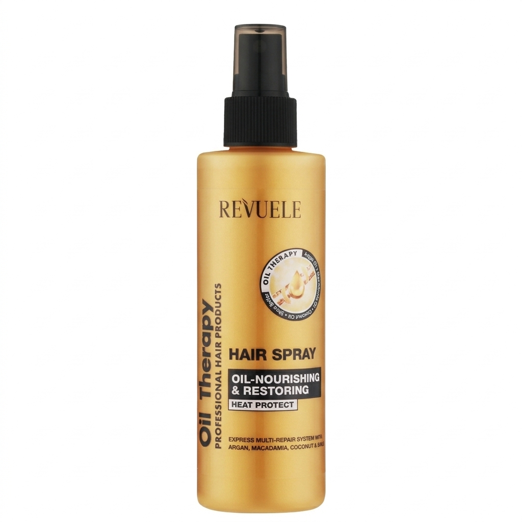 Oil Therapy Hair Spray (Leave-in)— Revuele | بخاخ الزيوت المعالجة للتغذية الخفيفة، التحكم بالهيشان وإعطاء اللمعان الفوري