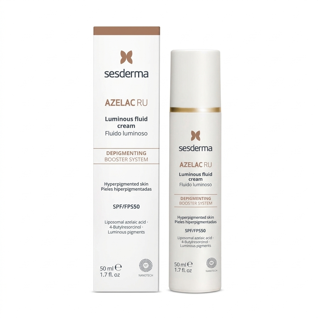 Azelac RU Luminous Fluid SPF 50 Depigmenting Booster System — Sesderma |سائل أزِيلاك آرو المضيء مع عامل حماية SPF 50 لتفتيح التصبغات، الوقاية من الكلف ومنح إشراقة فورية