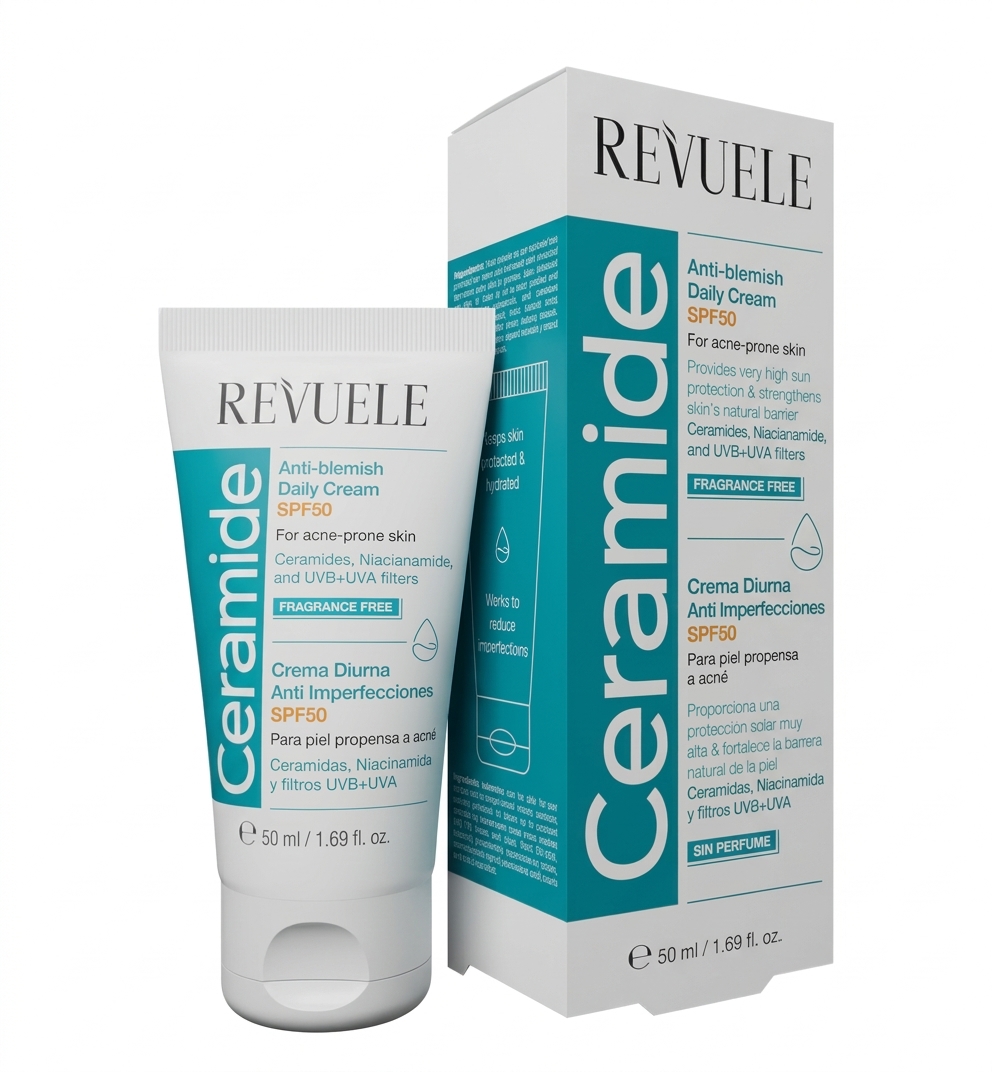 Ceramide Anti-Blemish Daily Cream SPF50 — Revuele | كريم السيراميد اليومي للتحكم بالشوائب مع حماية من الشمس SPF50 (ترميم، تهدئة وحماية مضاعفة)